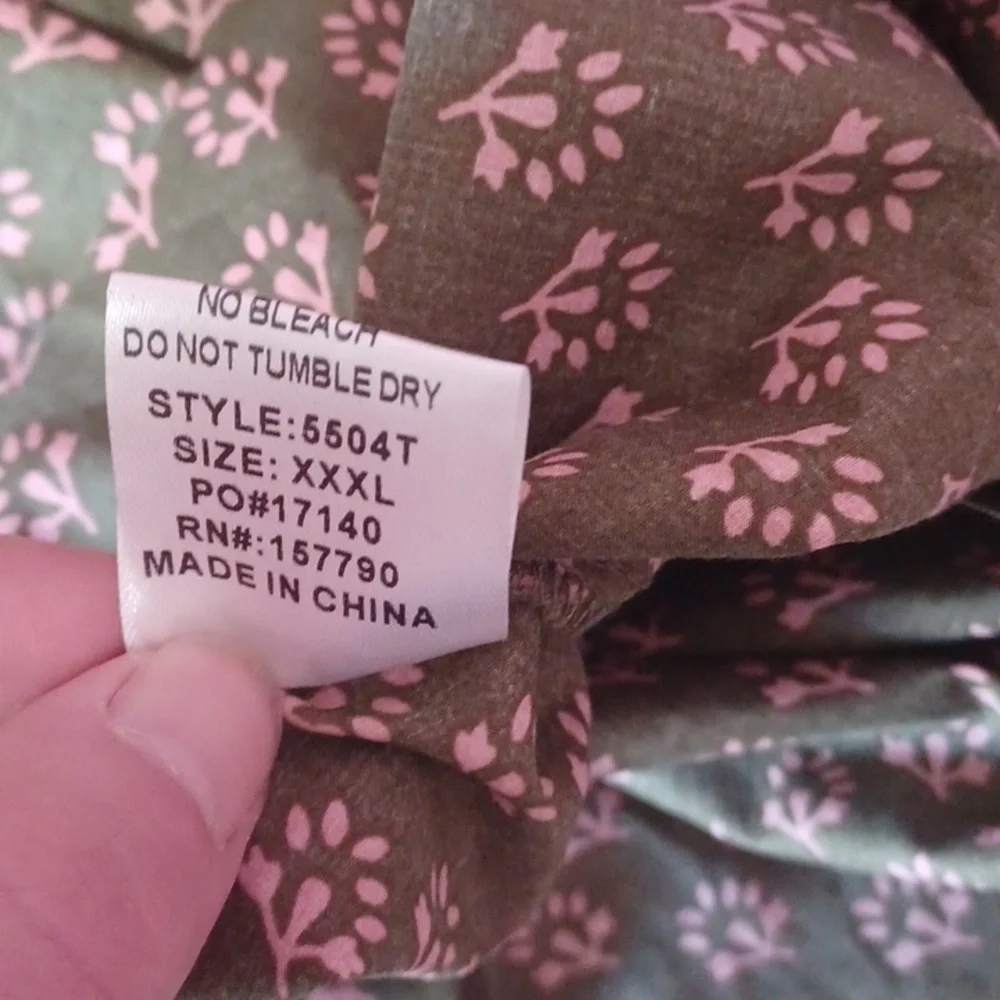 Avara Olive Green Pink Floral Long Balloon Sleeve Top, Split Neck Button Placket